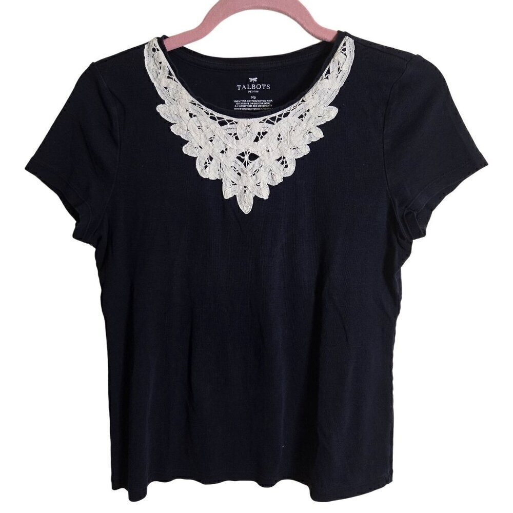 Talbots Dark Navy Cream Crochet Lace Pima Cotton Top Size Mp